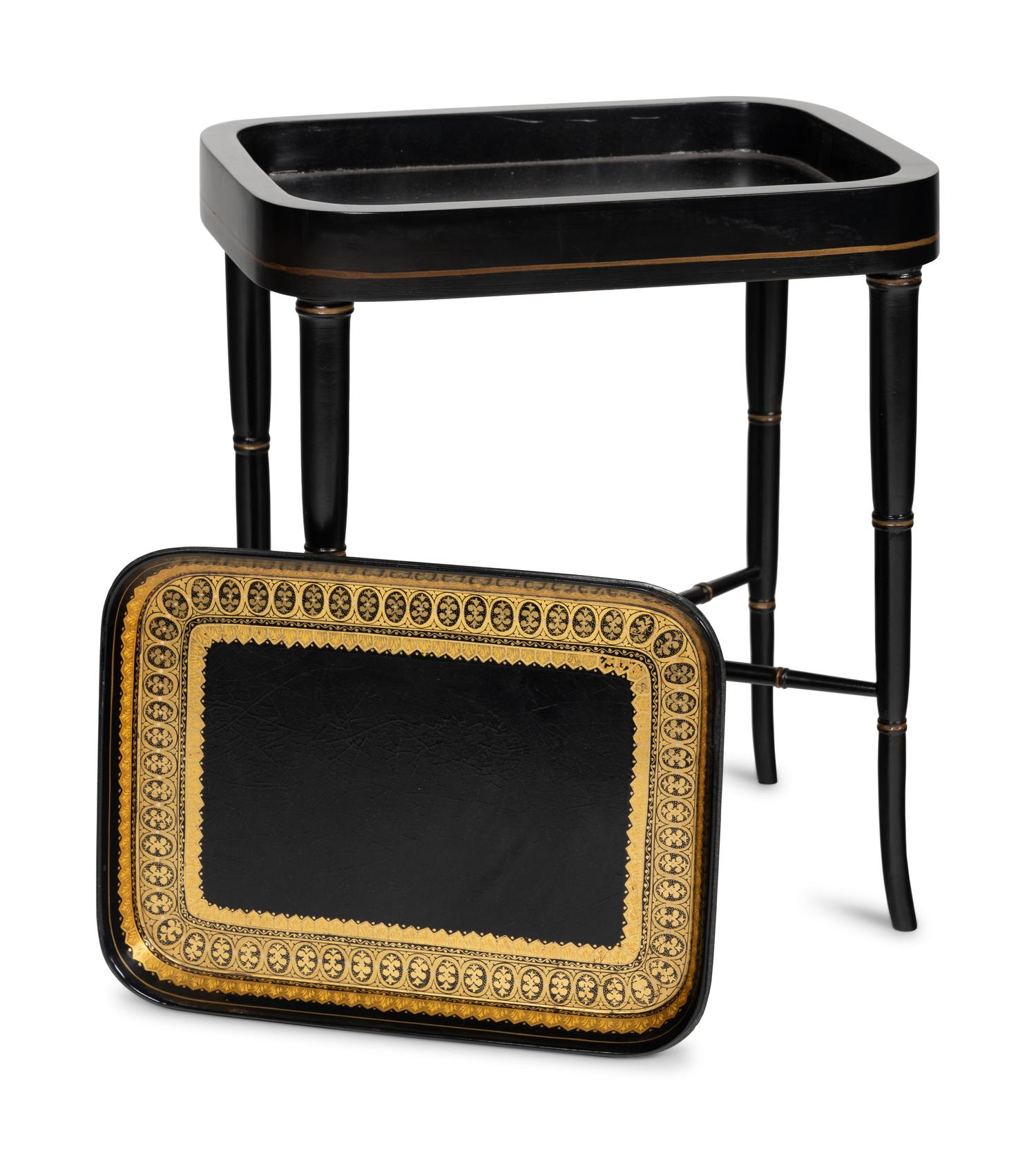 A Regency Papier-Mâché Tray Inset on a Later Stand as a Table