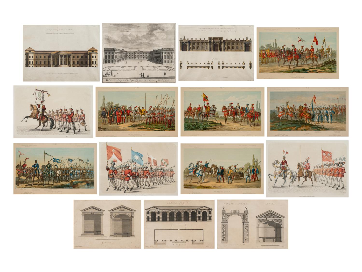 A Collection of Fifteen Engravings with Hand-Coloring of Architectural and Military Scenes