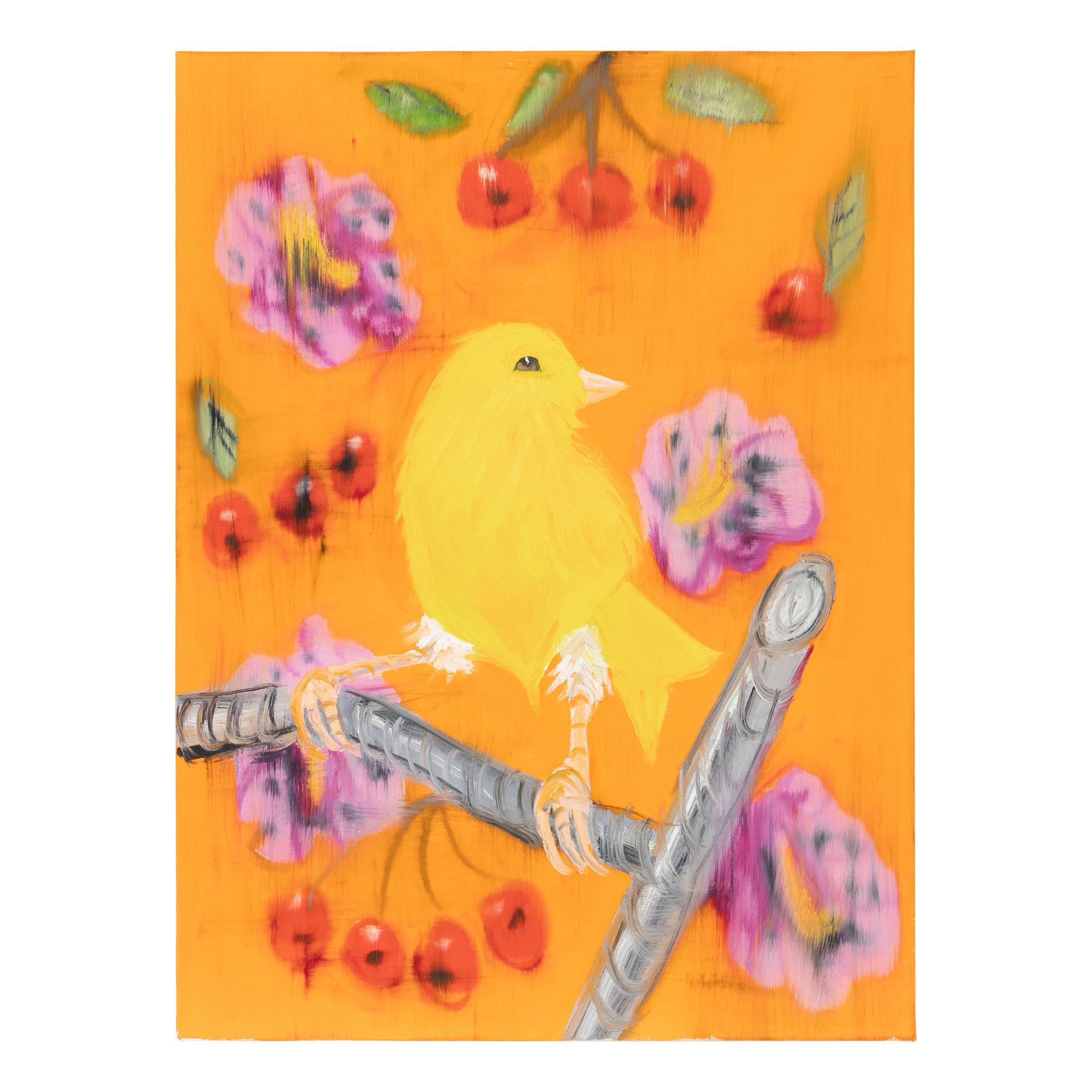 Ann Craven (American, b. 1967) — Yellow Canary (Stepping Out on Orange, with Hollyhocks and Cherries) , 2019