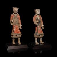 A Pair of Chinese Painted Grey Pottery Standing Figures of Soldiers, Han Dynasty — 漢 彩繪步兵陶俑兩件