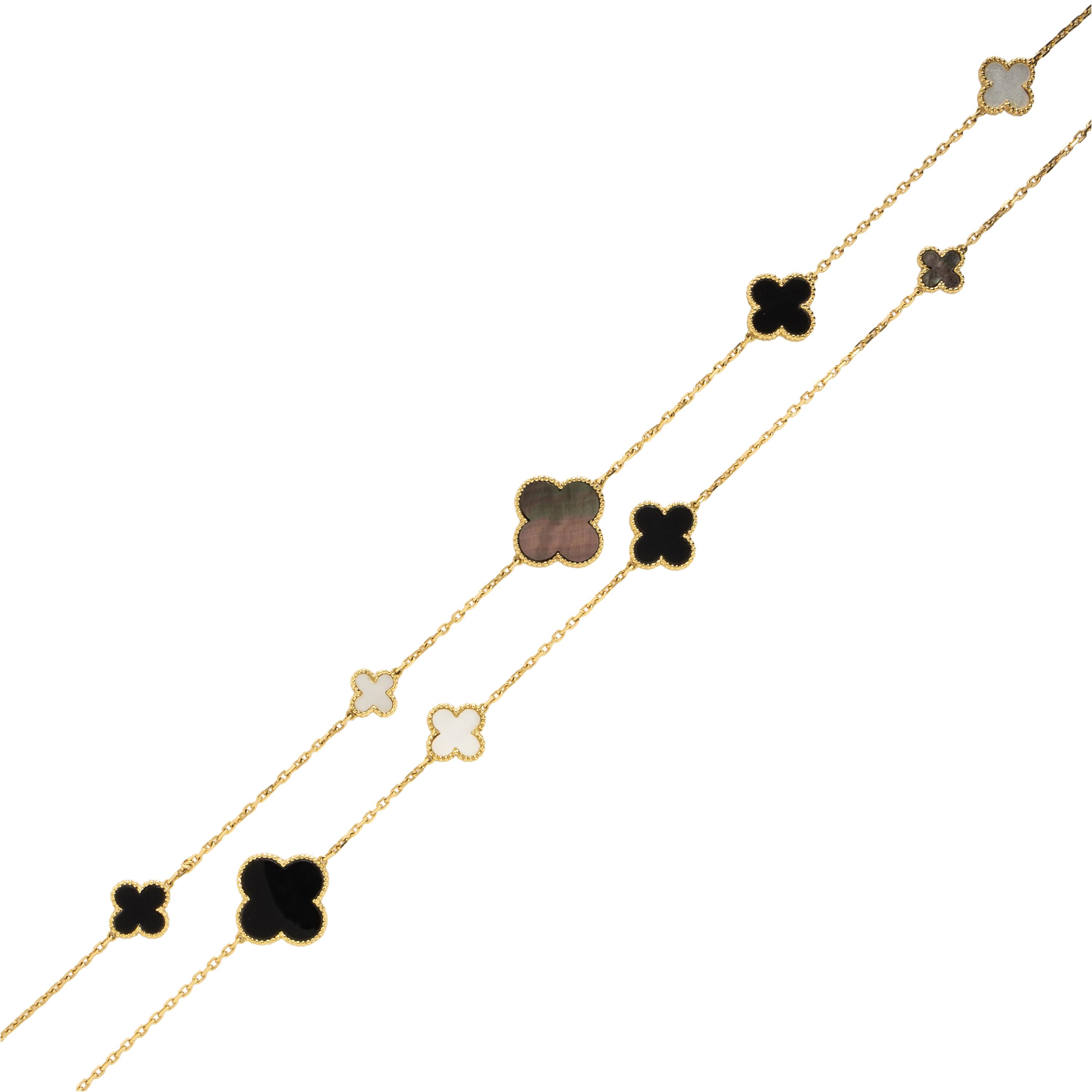 Mother-of-Pearl, Onyx, and Yellow Gold Quatrefoil Necklace