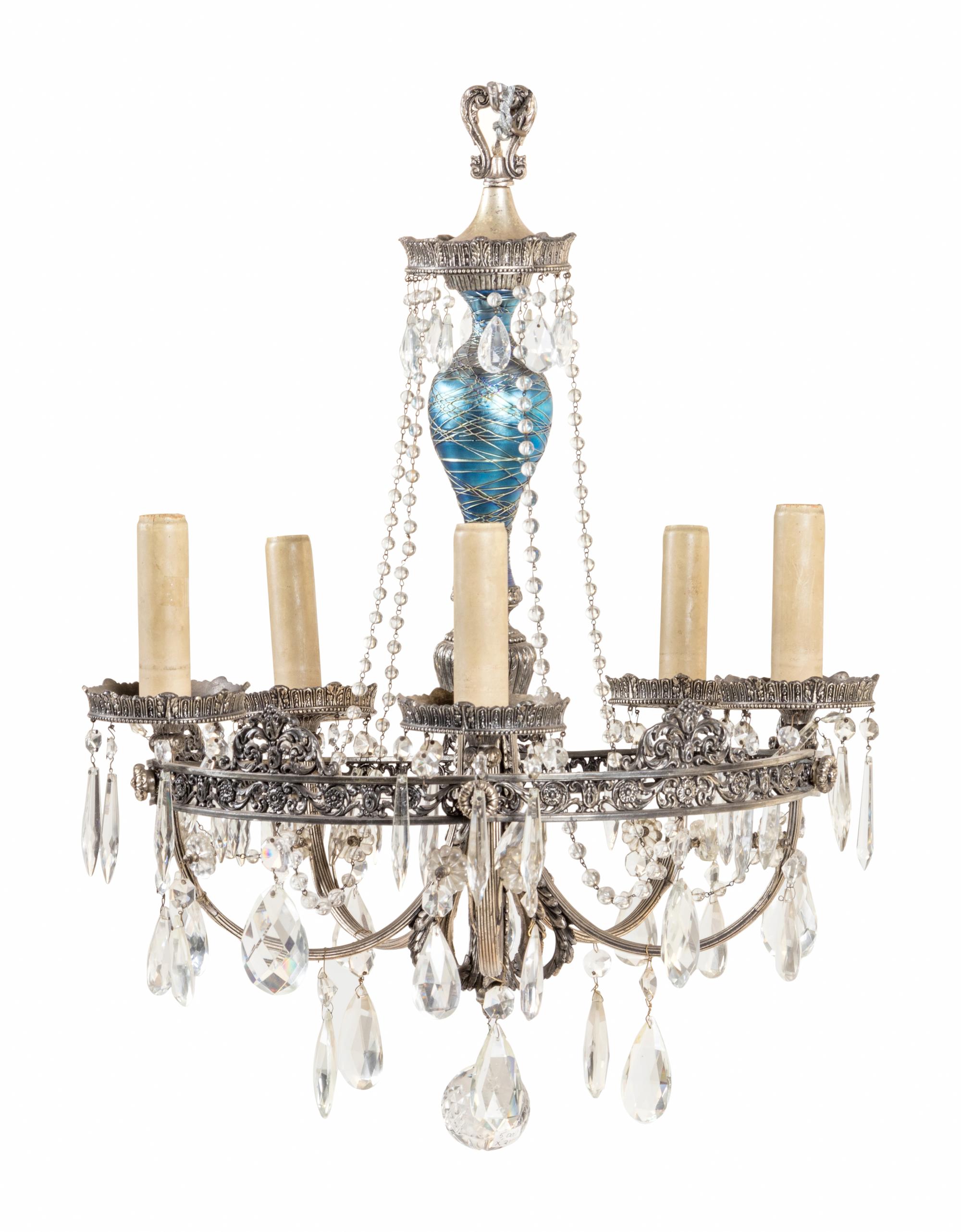 An American Iridescent Glass-Mounted Chandelier Attributed to Durand