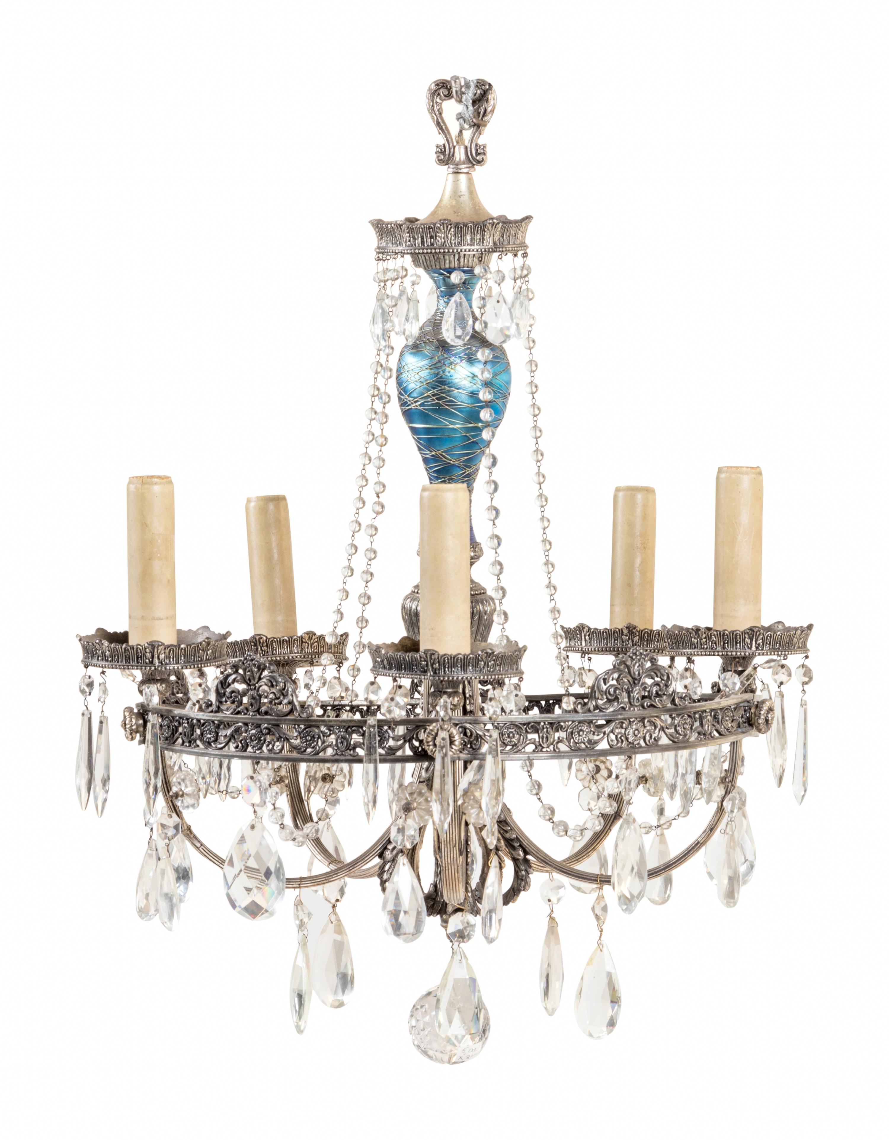 An American Iridescent Glass-Mounted Chandelier Attributed to Durand