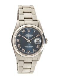 ROLEX, REF. 16200 STAINLESS STEEL BLUE ROMAN 'OYSTER PERPETUAL DATEJUST' WATCH