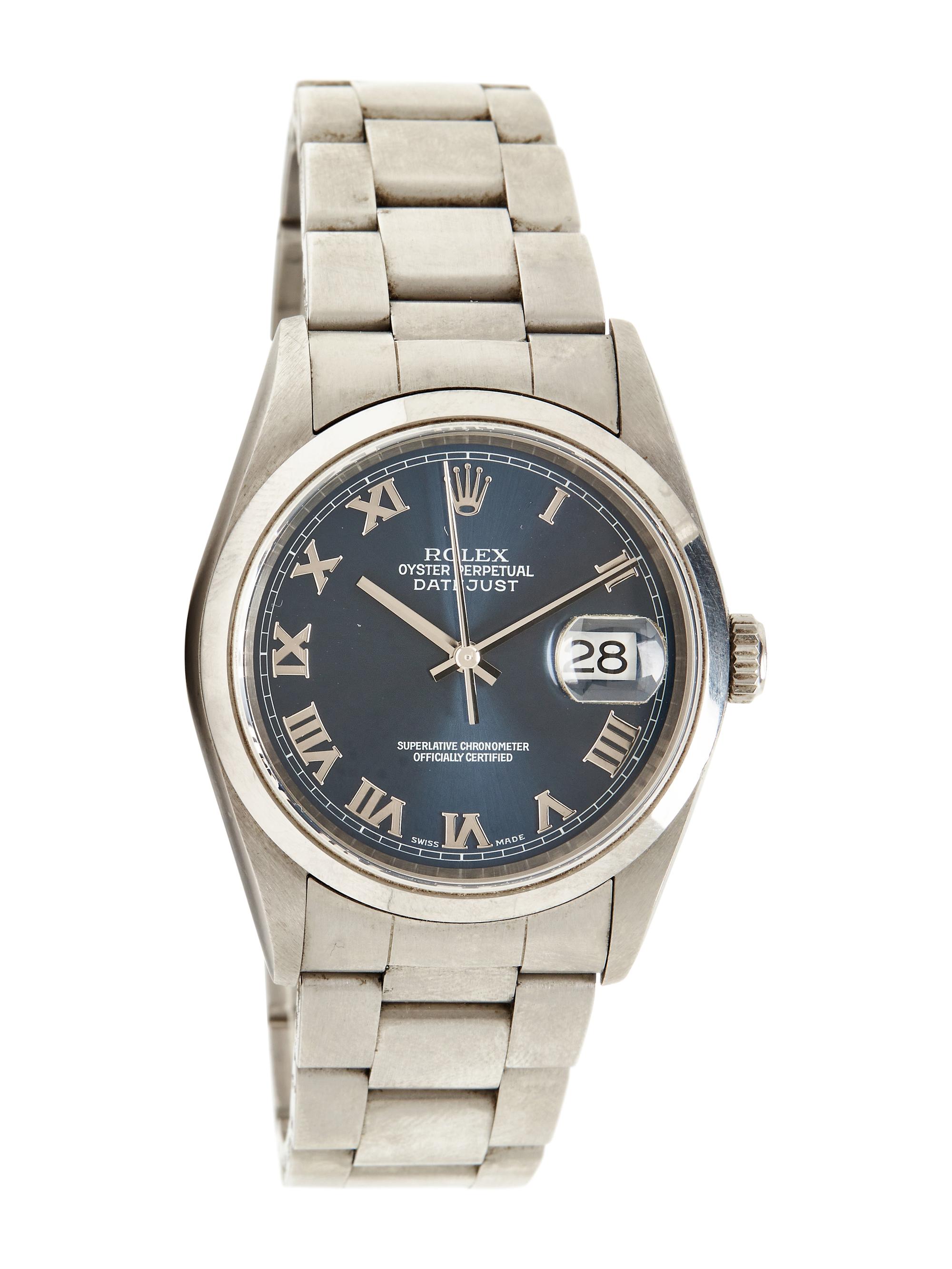 ROLEX, REF. 16200 STAINLESS STEEL BLUE ROMAN 'OYSTER PERPETUAL DATEJUST' WATCH