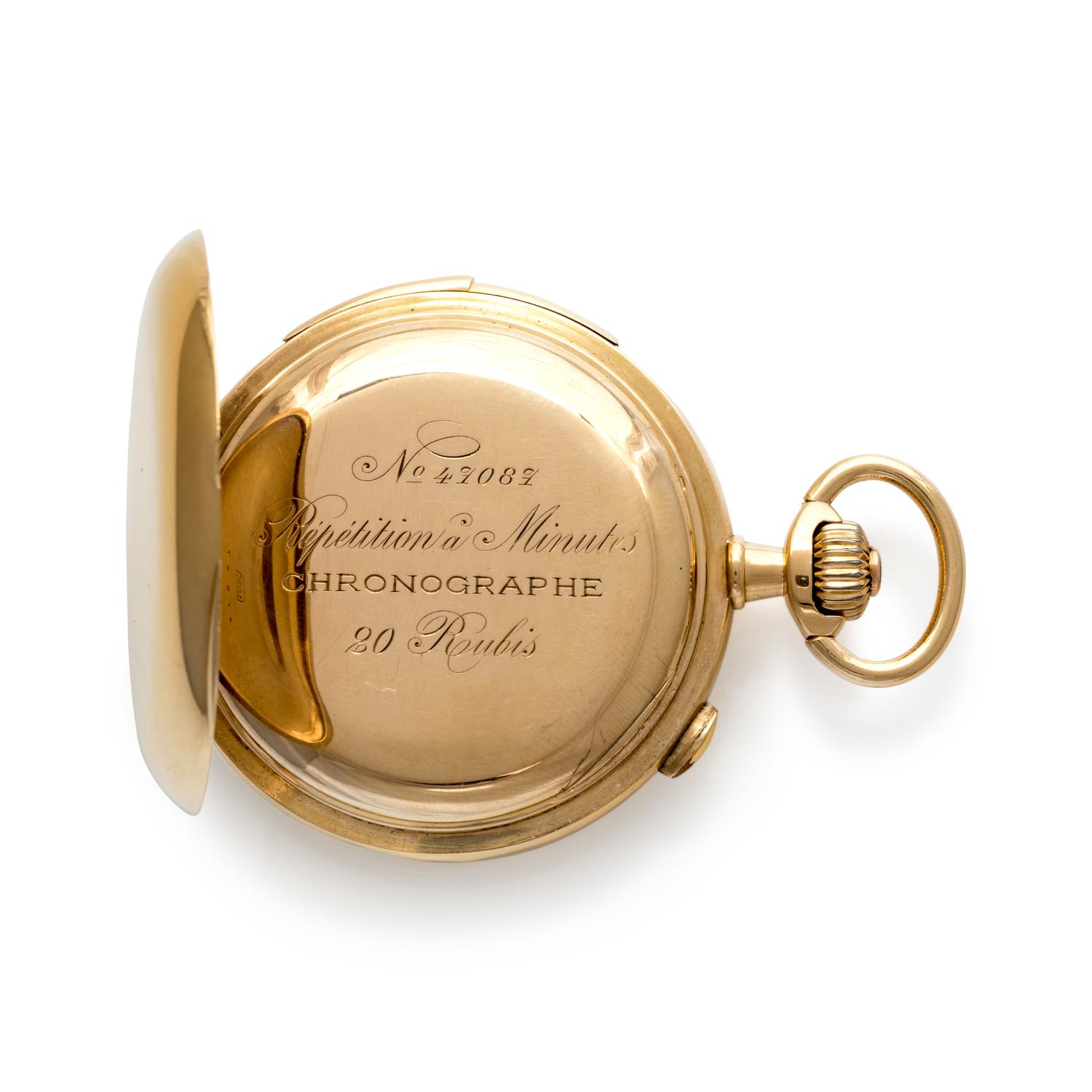 18K YELLOW GOLD MINUTE REPEATER CHRONOGRAPH HUNTER CASE POCKET WATCH