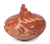 Red and Tan Carved Pottery Vase, with Parrots