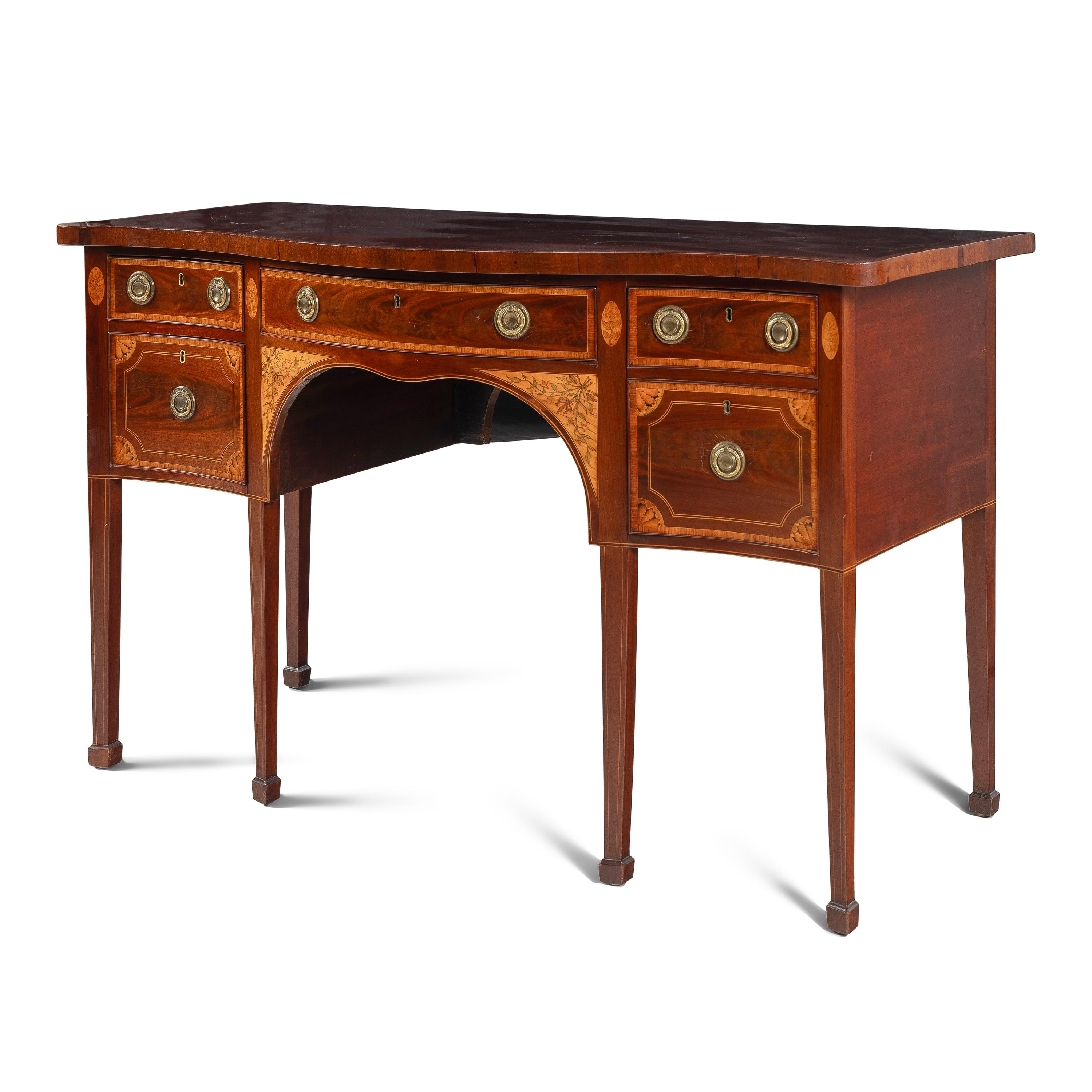 A Late George III Mahogany, Satinwood and Marquetry Serpentine Sideboard