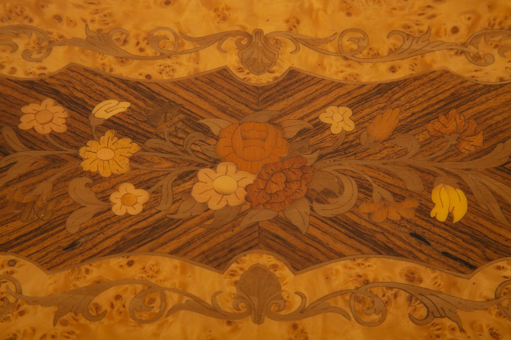 An Italian Burlwood and Marquetry Musical Jewelry Box