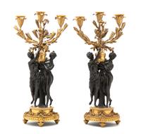 A Pair of French Gilt Bronze Three-Light Figural Candelabra, Height 23 1/2 inches.