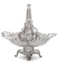 A German Silver Basket, Early 20th Cenury, of oval, handled form with scrolling foliate decoration.