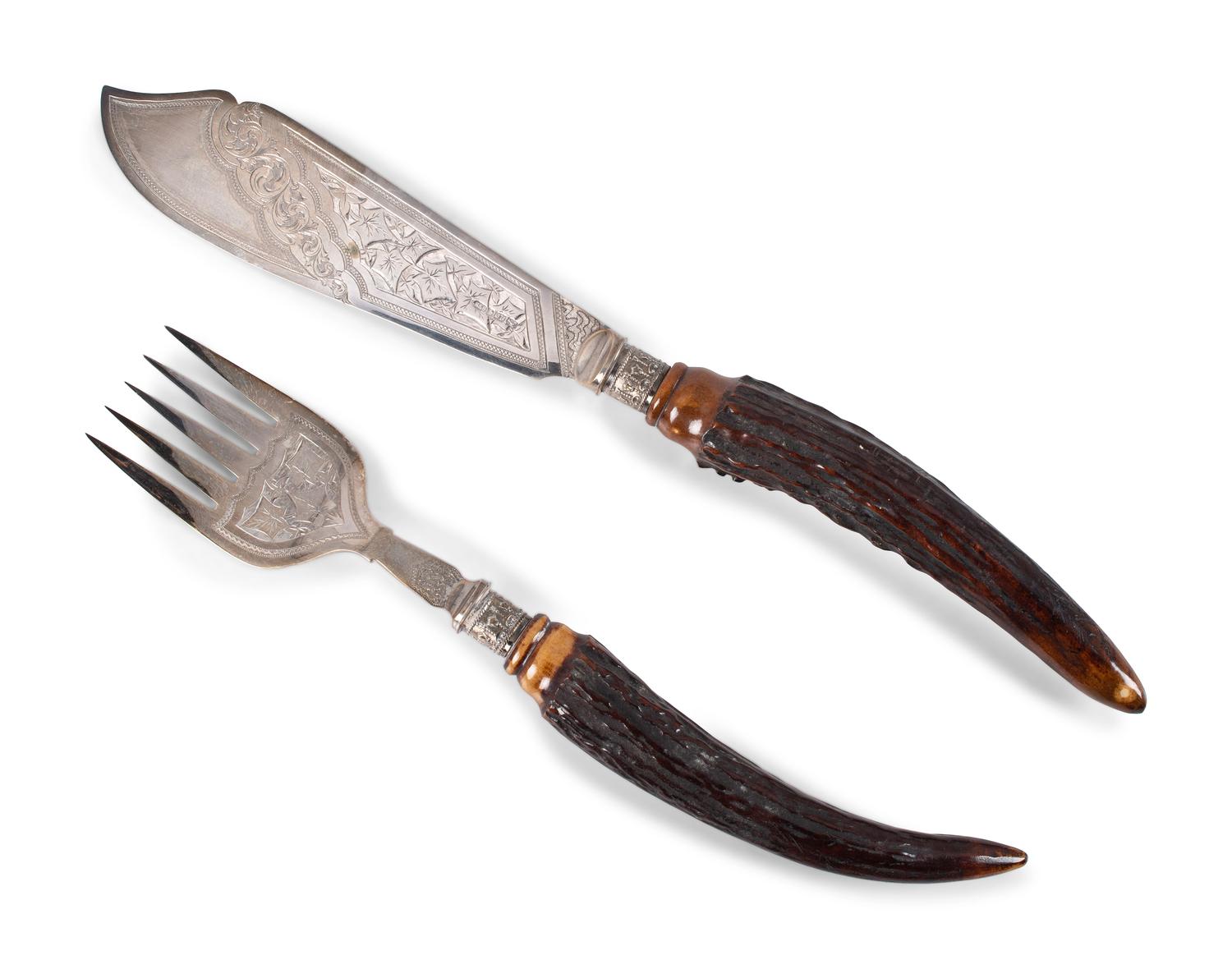 A Group of English Antler and Bone-Handled Flatware and Serving Pieces
