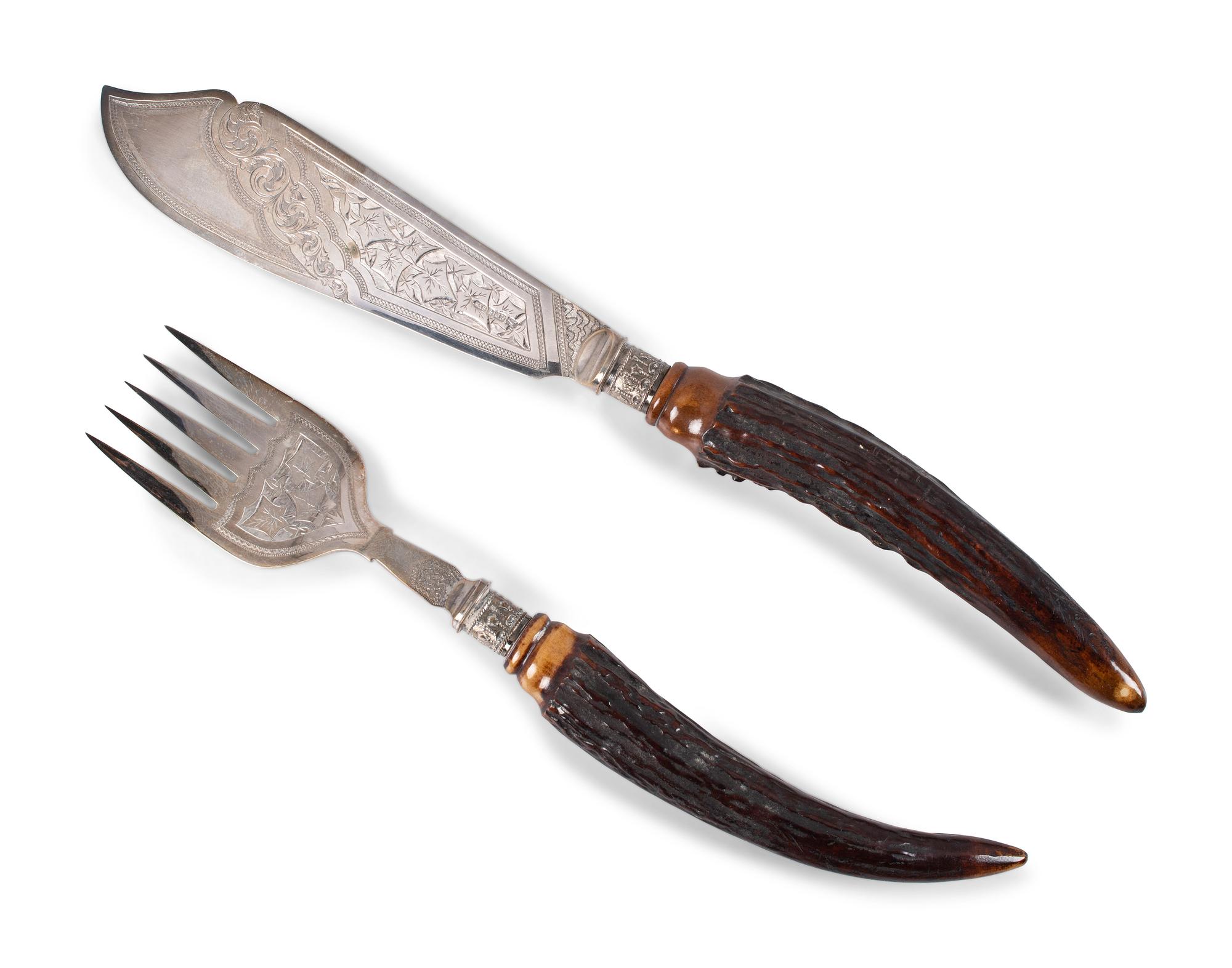 A Group of English Antler and Bone-Handled Flatware and Serving Pieces