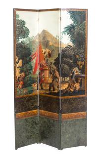 A Continental Three-Panel Floor Screen, Height 83 1/4 x width 17 1/4 inches (each panel).