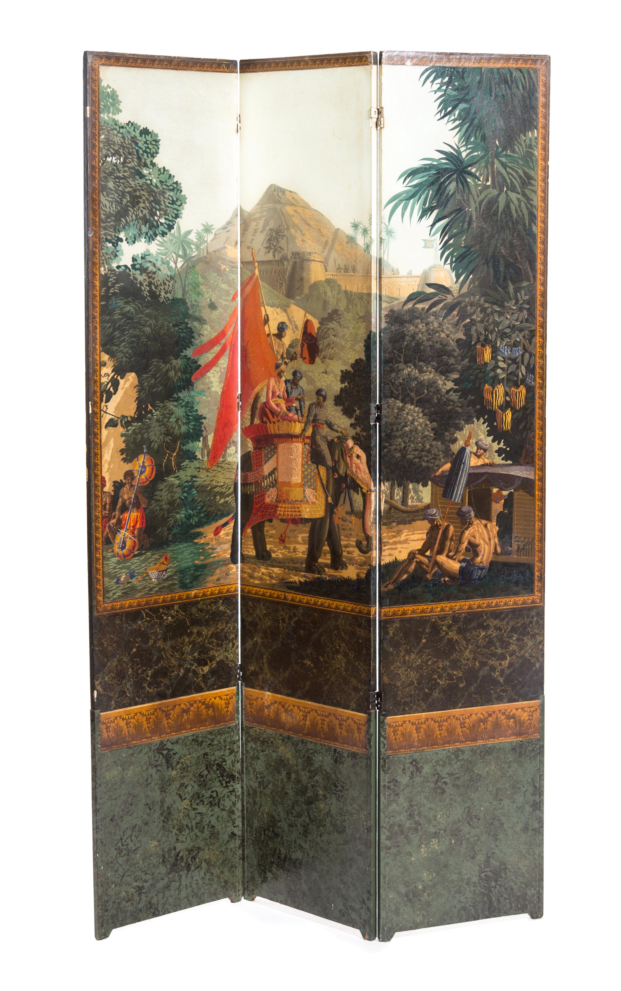 A Continental Three-Panel Floor Screen, Height 83 1/4 x width 17 1/4 inches (each panel).