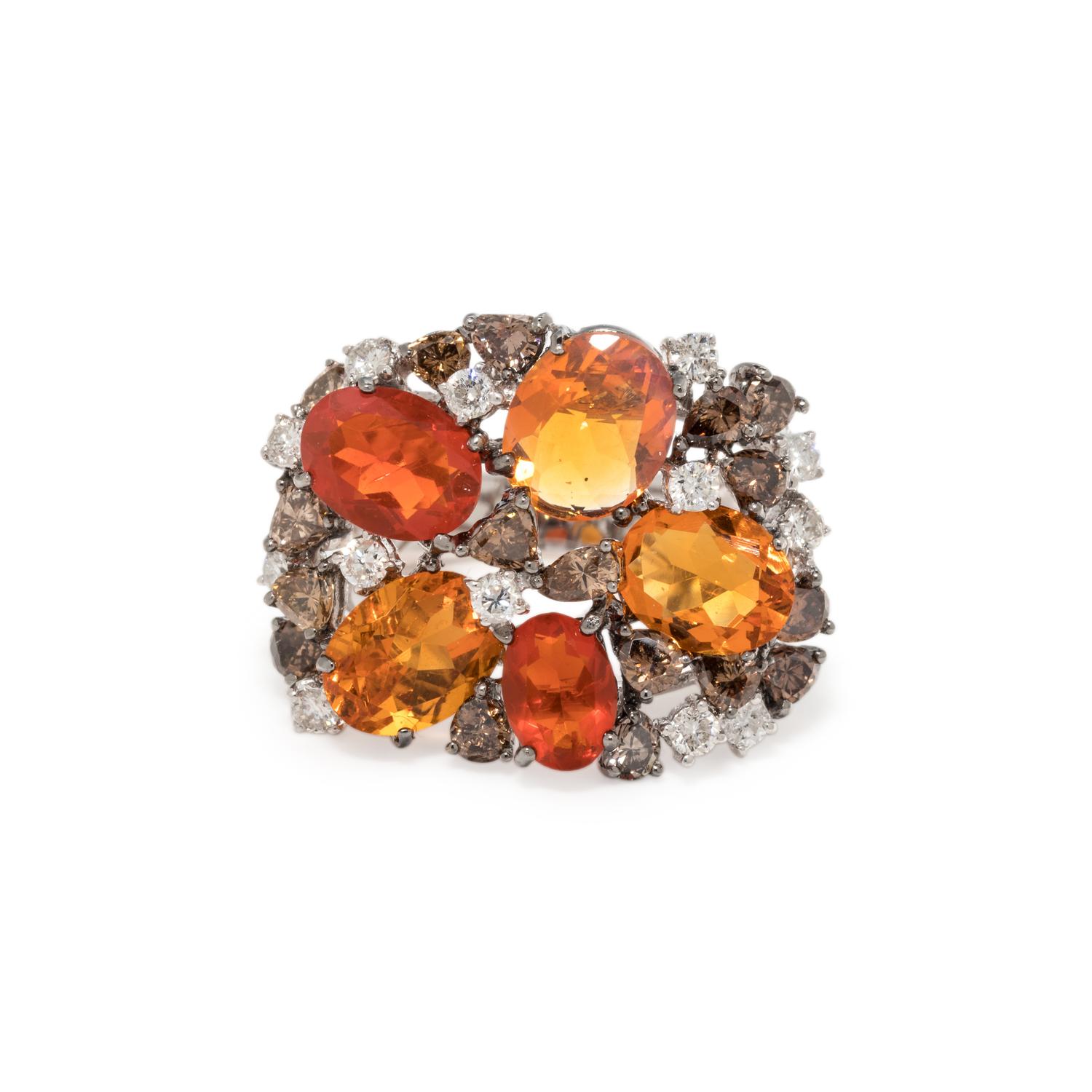 FIRE OPAL, COLORED DIAMOND AND DIAMOND RING