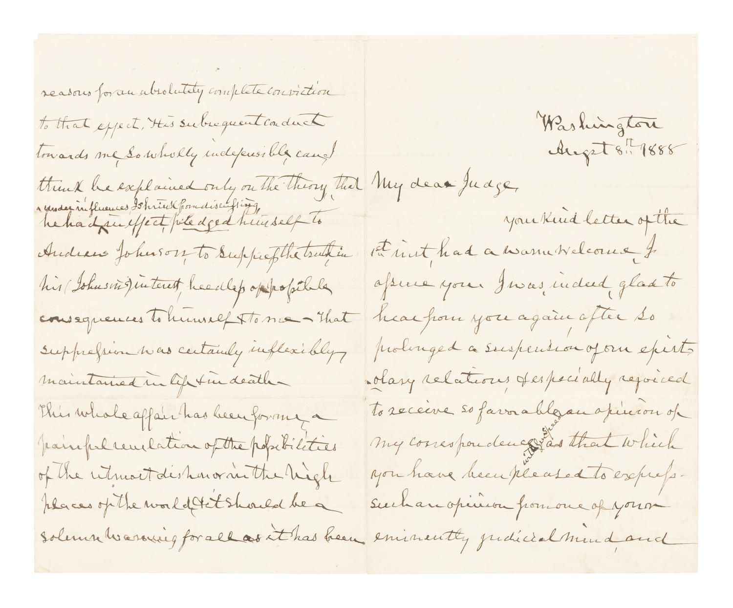 HOLT, Joseph (1807-1894). Autograph letter, signed ("J. Holt") to former assistant John A. Bingham. Washington, D.C., 8 August 1888.