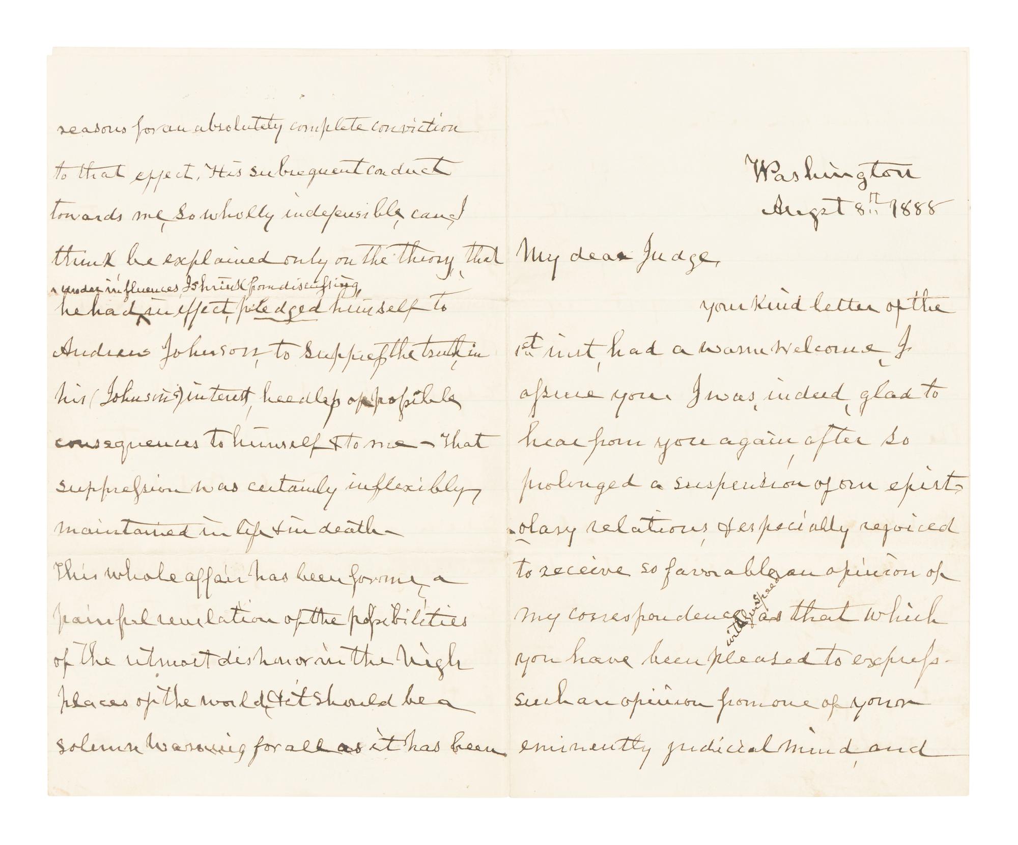 HOLT, Joseph (1807-1894). Autograph letter, signed ("J. Holt") to former assistant John A. Bingham. Washington, D.C., 8 August 1888.