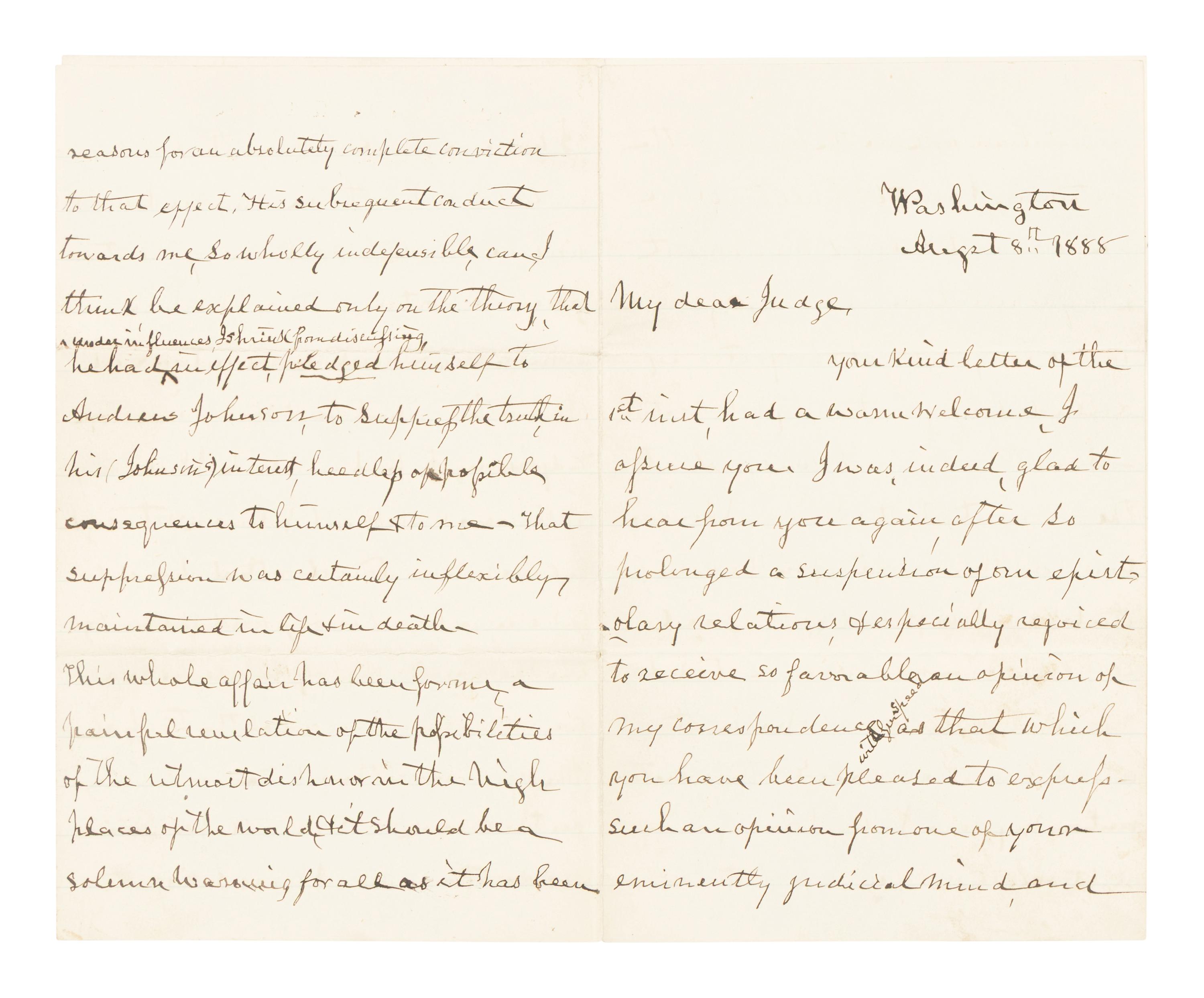 HOLT, Joseph (1807-1894). Autograph letter, signed ("J. Holt") to former assistant John A. Bingham. Washington, D.C., 8 August 1888.