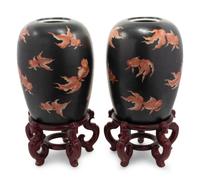 A Pair of Chinese Porcelain Goldfish Jars with Wood Stands
