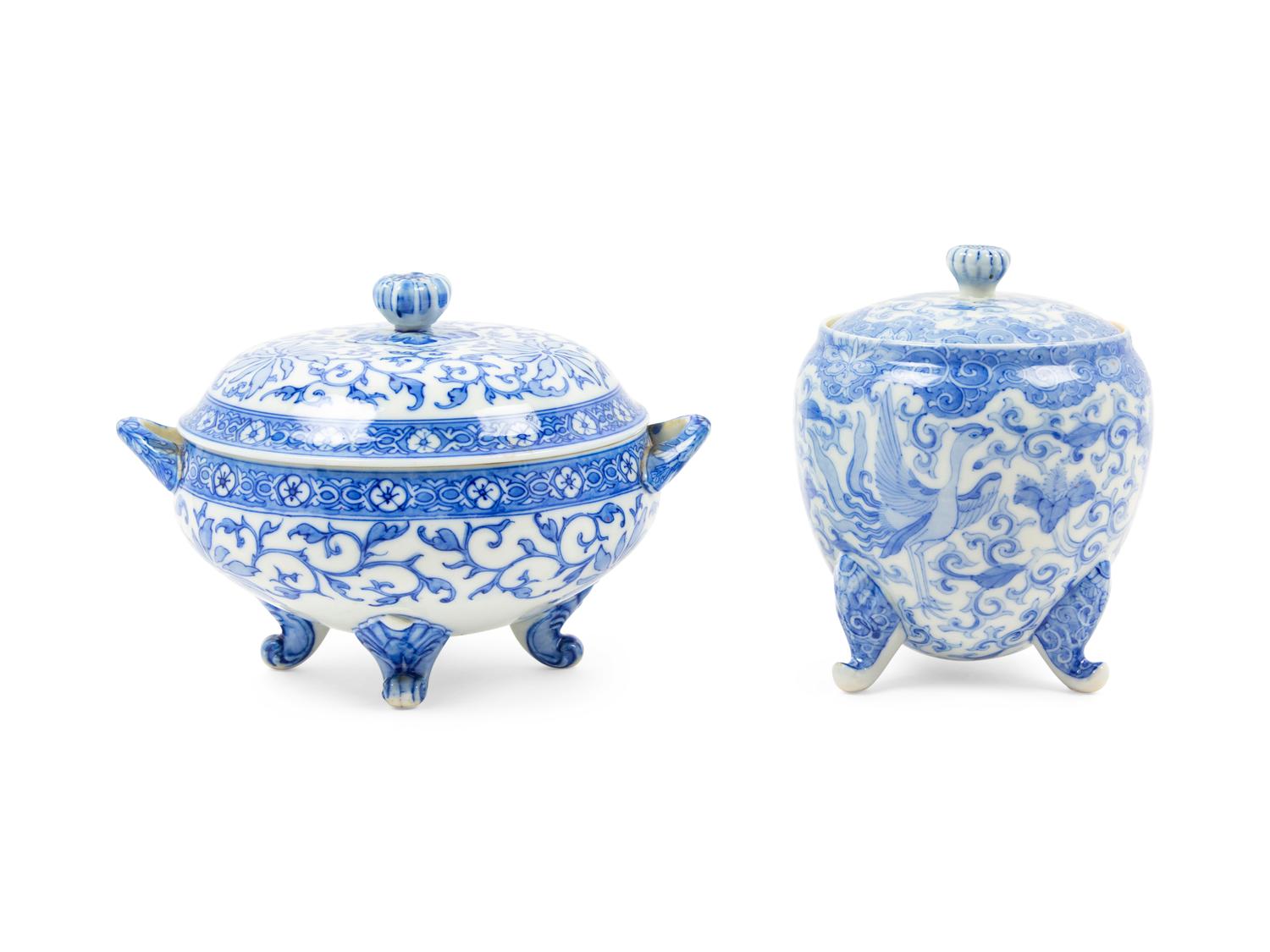 Two Japanese Export Blue and White Porcelain Tripod Covered Vessel