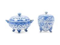 Two Japanese Export Blue and White Porcelain Tripod Covered Vessel