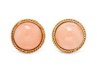 A Pair of 14 Karat Yellow Gold and Coral Earclips,