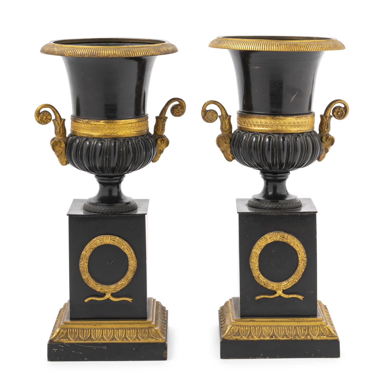 A Pair of Empire Style Gilt and Patinated Bronze Campagna Urns