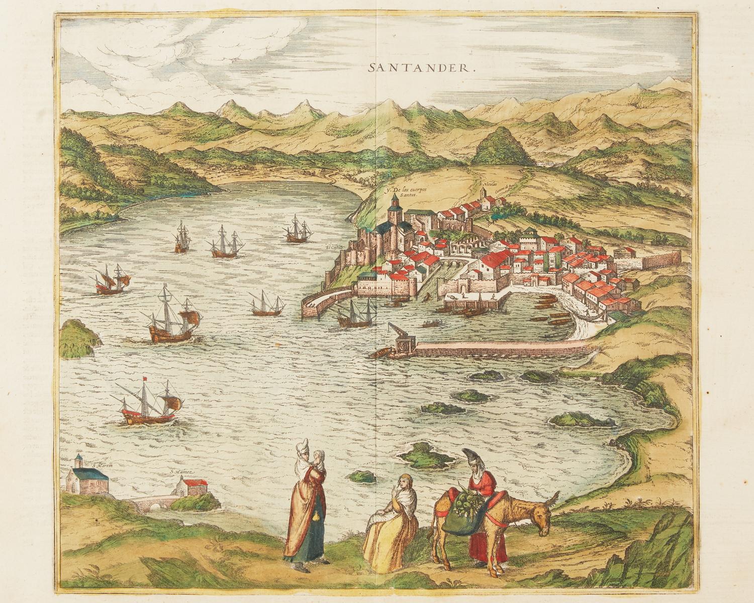 A group of four hand-colored copper engravings depicting town views, from Civitates Orbis Terrarum , Georg Braun (1541-1622) and Frans Hogenberg (1535-1590), 1575 or later