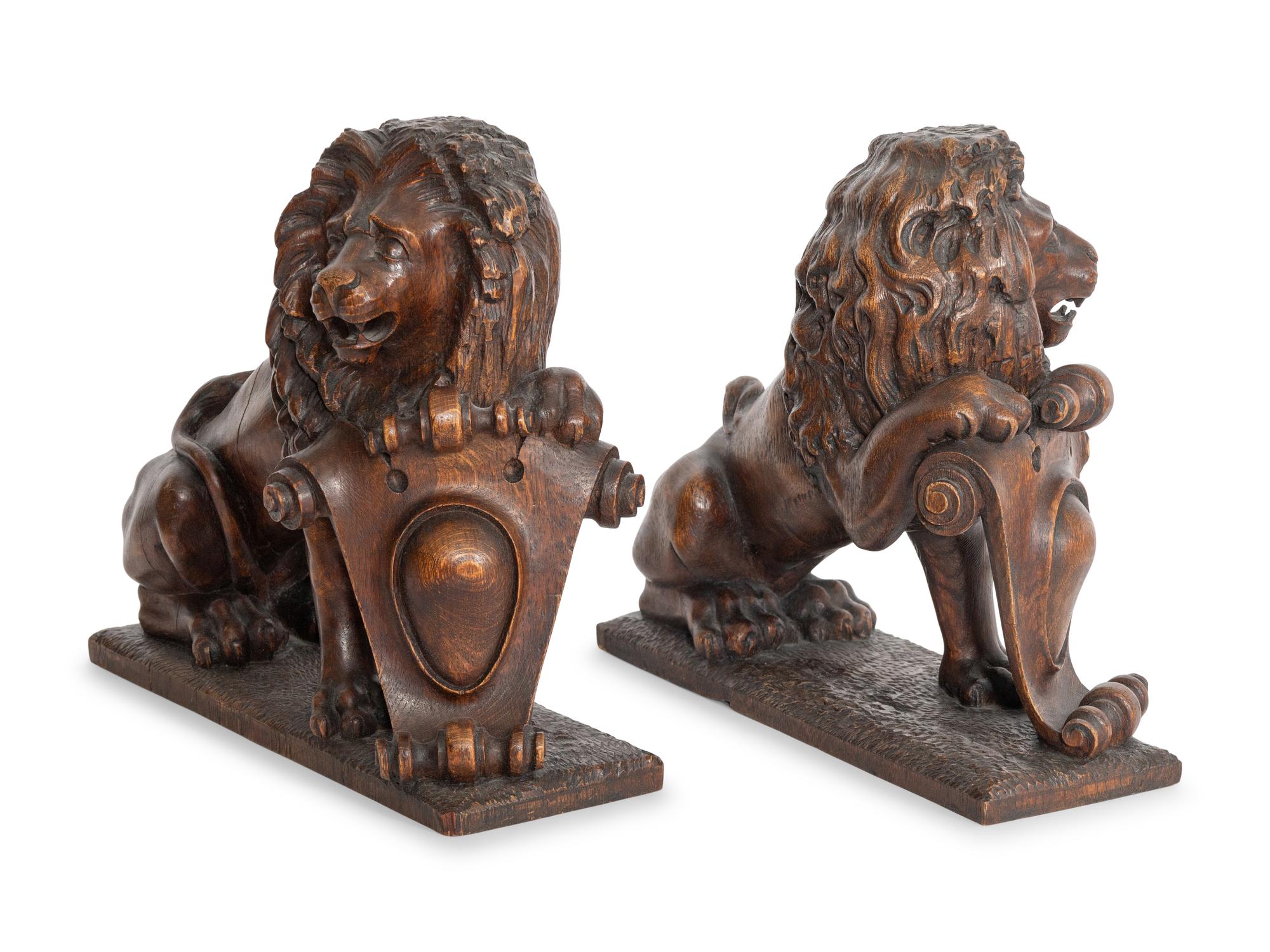 A Pair of Continental Carved Oak Models of Lions