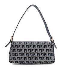 A Fendi Navy Monogram Canvas Zucca Baguette, 5" H x 10.25" W x 1.75" D; Strap drop: 6.5"- 9.5".
