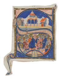 VENETIAN ILLUMINATOR Cutting with historiated initial ‘S’ with Pentecost, from a Gradual, illuminated manuscript on parchment [Venice, c. 1290–1300]