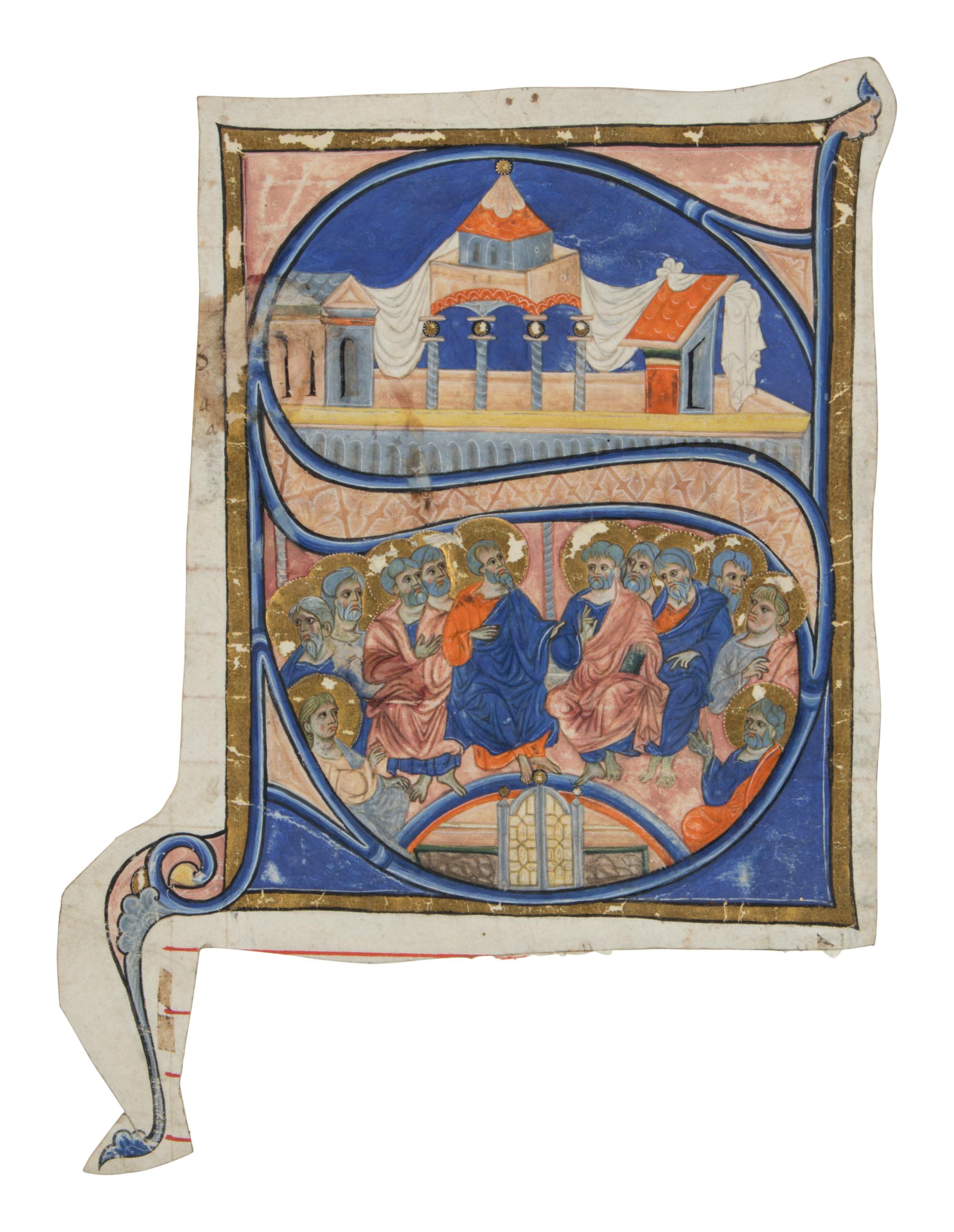 VENETIAN ILLUMINATOR Cutting with historiated initial ‘S’ with Pentecost, from a Gradual, illuminated manuscript on parchment [Venice, c. 1290–1300]