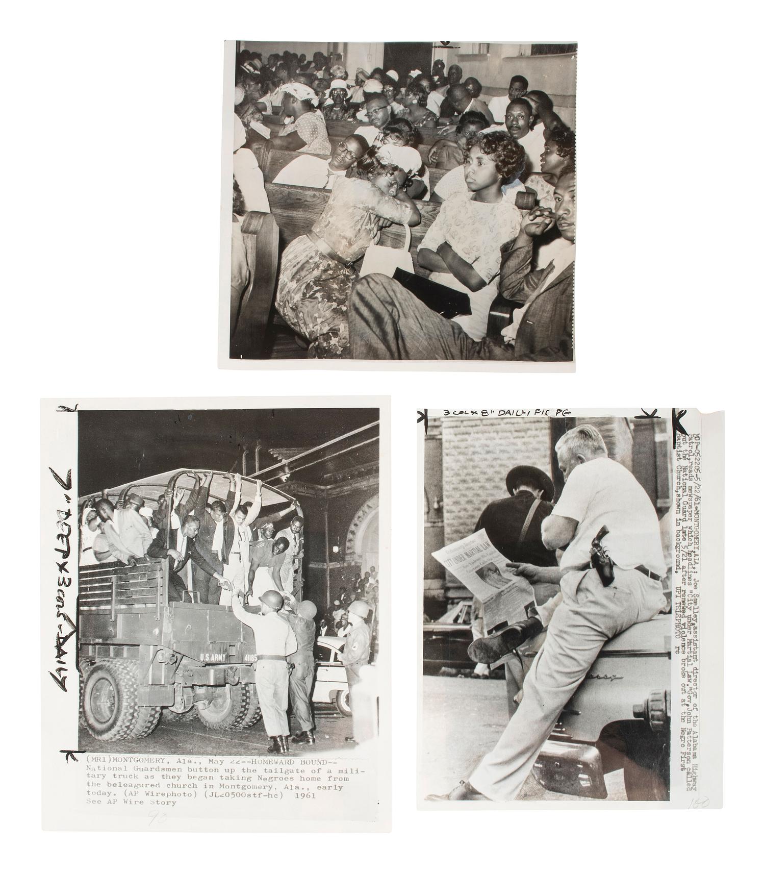 [CIVIL RIGHTS]. A group of 3 press photographs documenting the aftermath of a riot protesting a rally held in support of the Freedom Riders at the First Baptist Church in Montgomery, AL. May 1961.