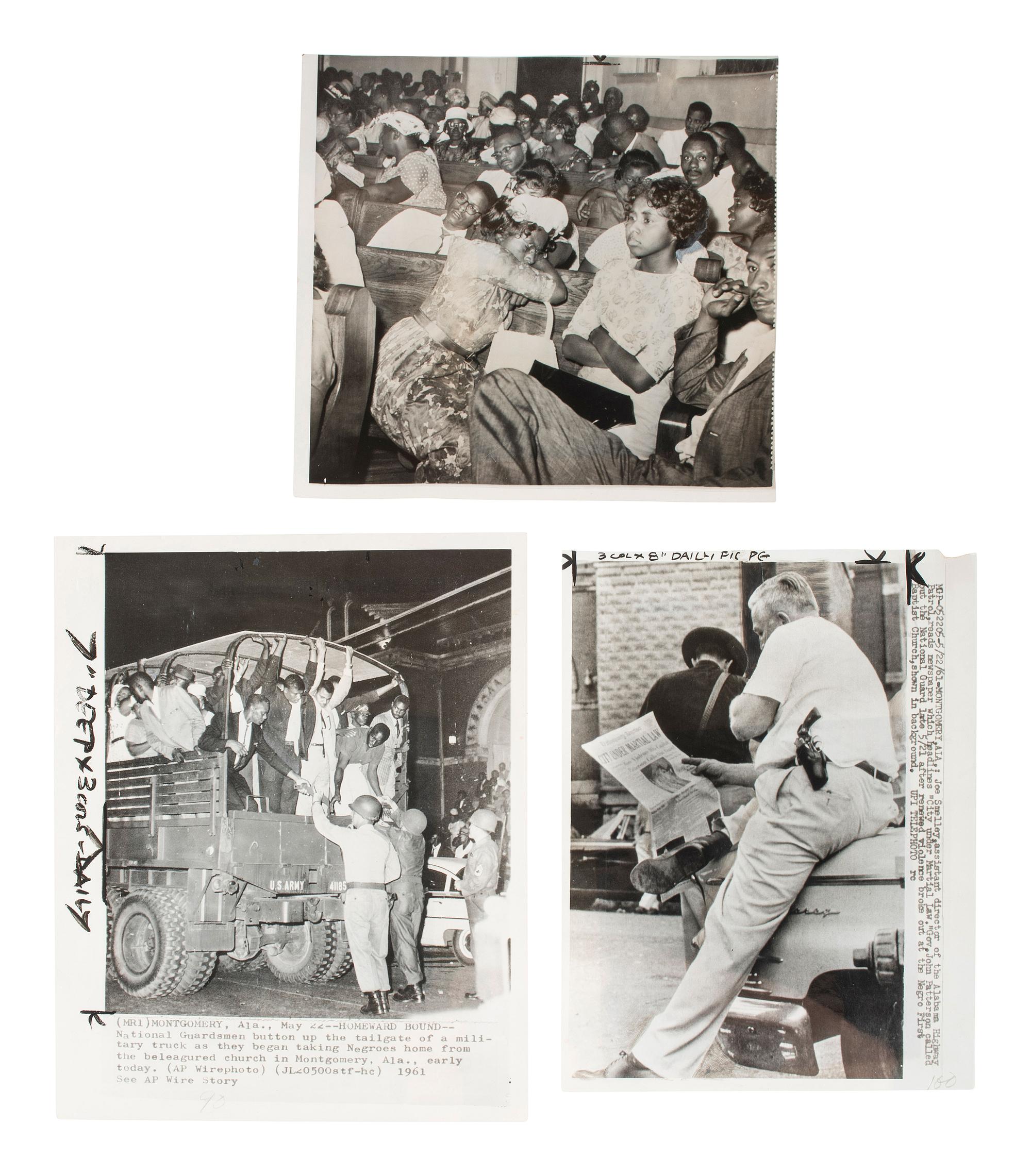 [CIVIL RIGHTS]. A group of 3 press photographs documenting the aftermath of a riot protesting a rally held in support of the Freedom Riders at the First Baptist Church in Montgomery, AL. May 1961.