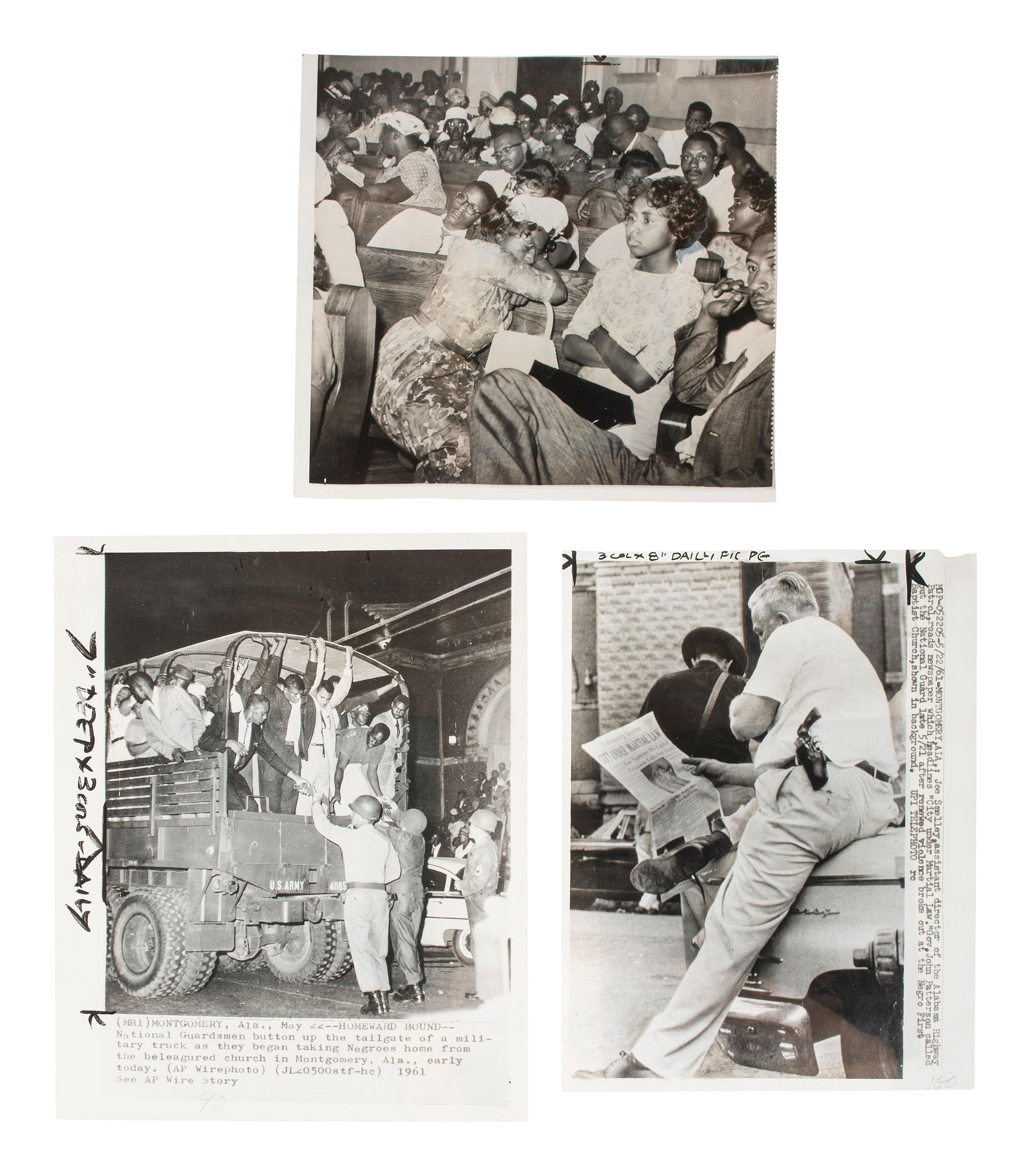 [CIVIL RIGHTS]. A group of 3 press photographs documenting the aftermath of a riot protesting a rally held in support of the Freedom Riders at the First Baptist Church in Montgomery, AL. May 1961.