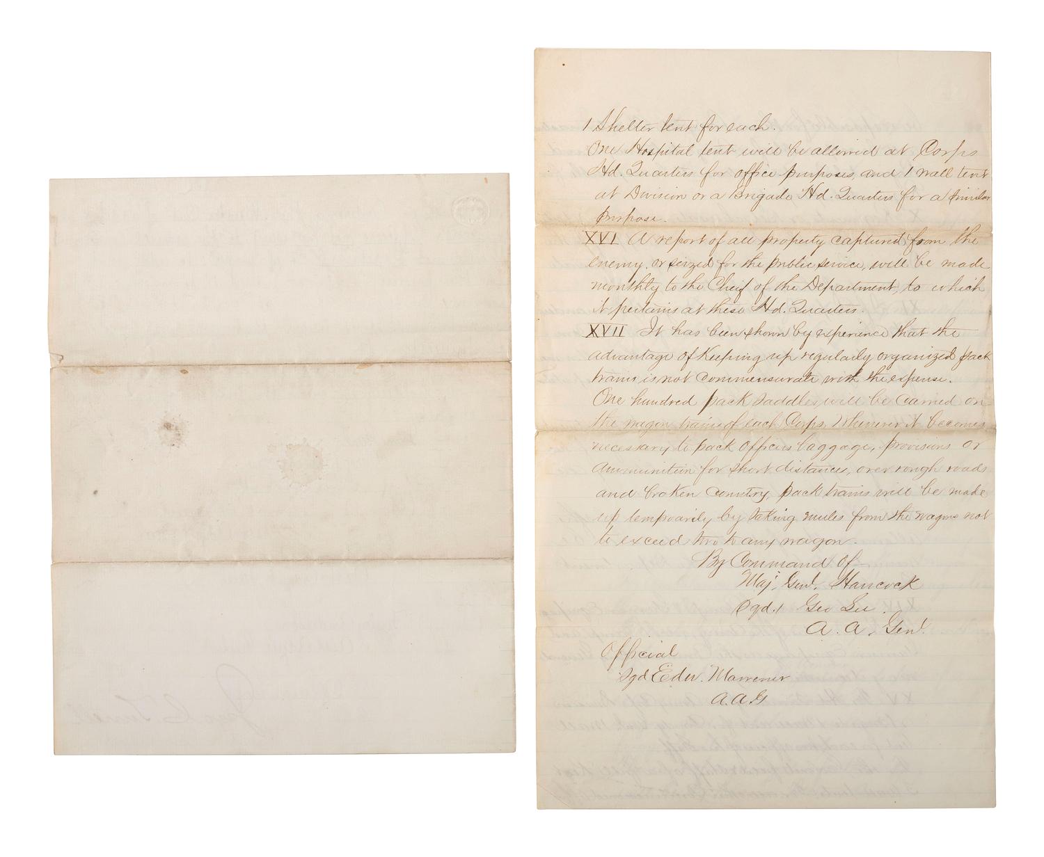 [CIVIL WAR]. 2 manuscript documents issued by Major General William S. Hancock.