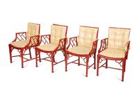 Four Chinese Chippendale Style Red Lacquer Armchairs