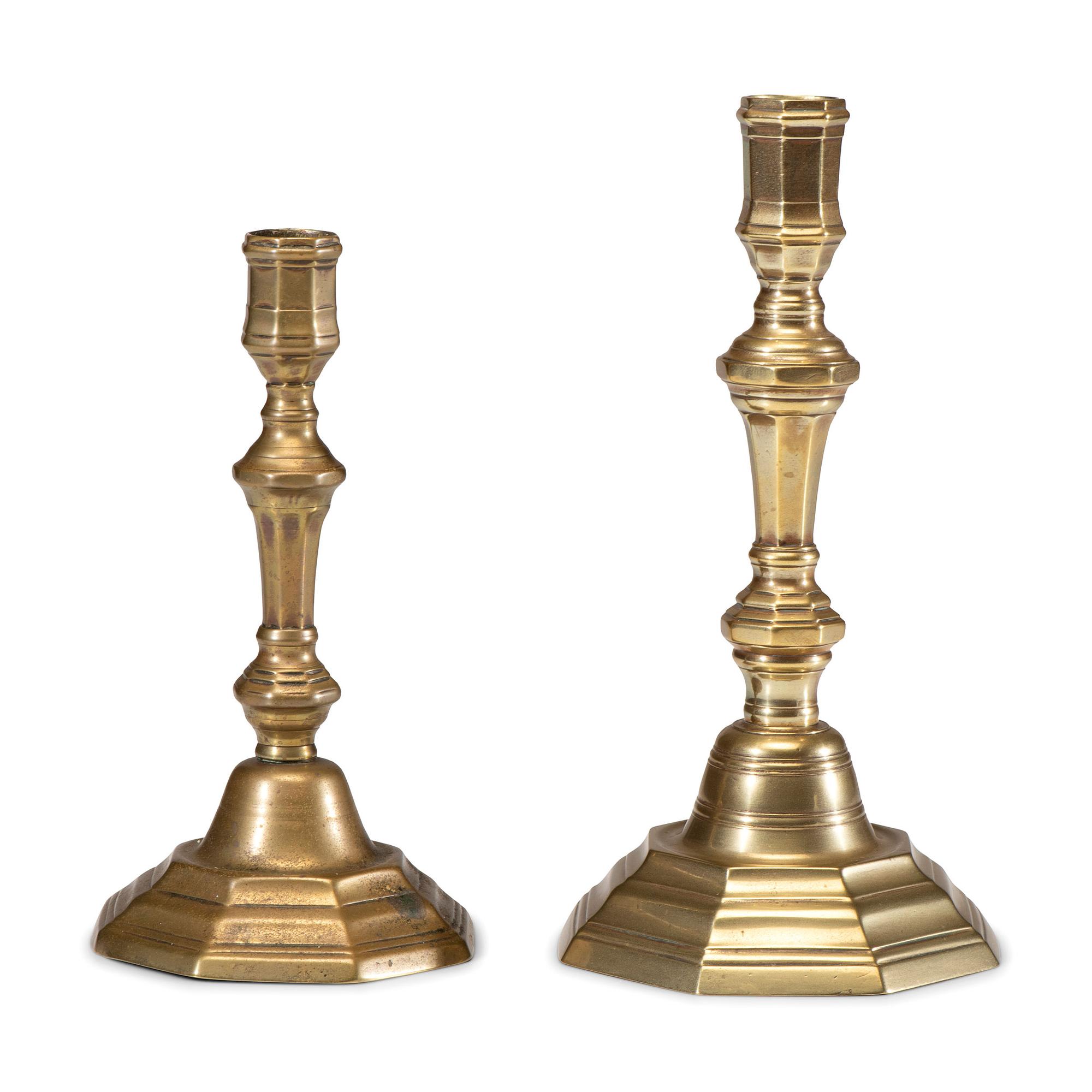 Two English Brass Octagonal Base Candlesticks