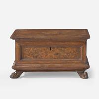 A miniature Italian marquetry inlaid walnut cassone or document box 17th century