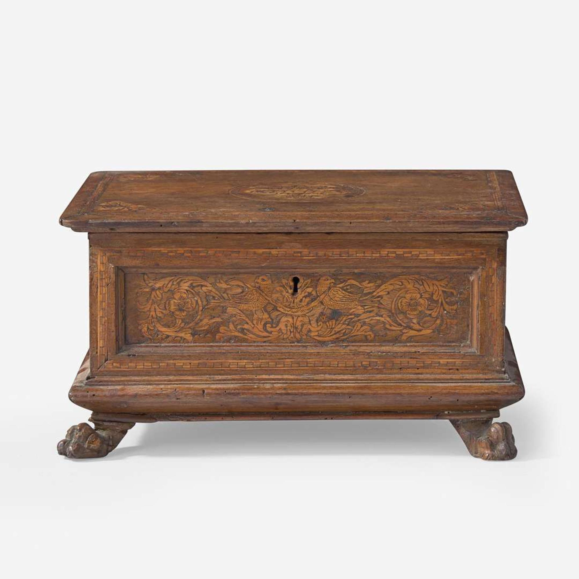 A miniature Italian marquetry inlaid walnut cassone or document box 17th century