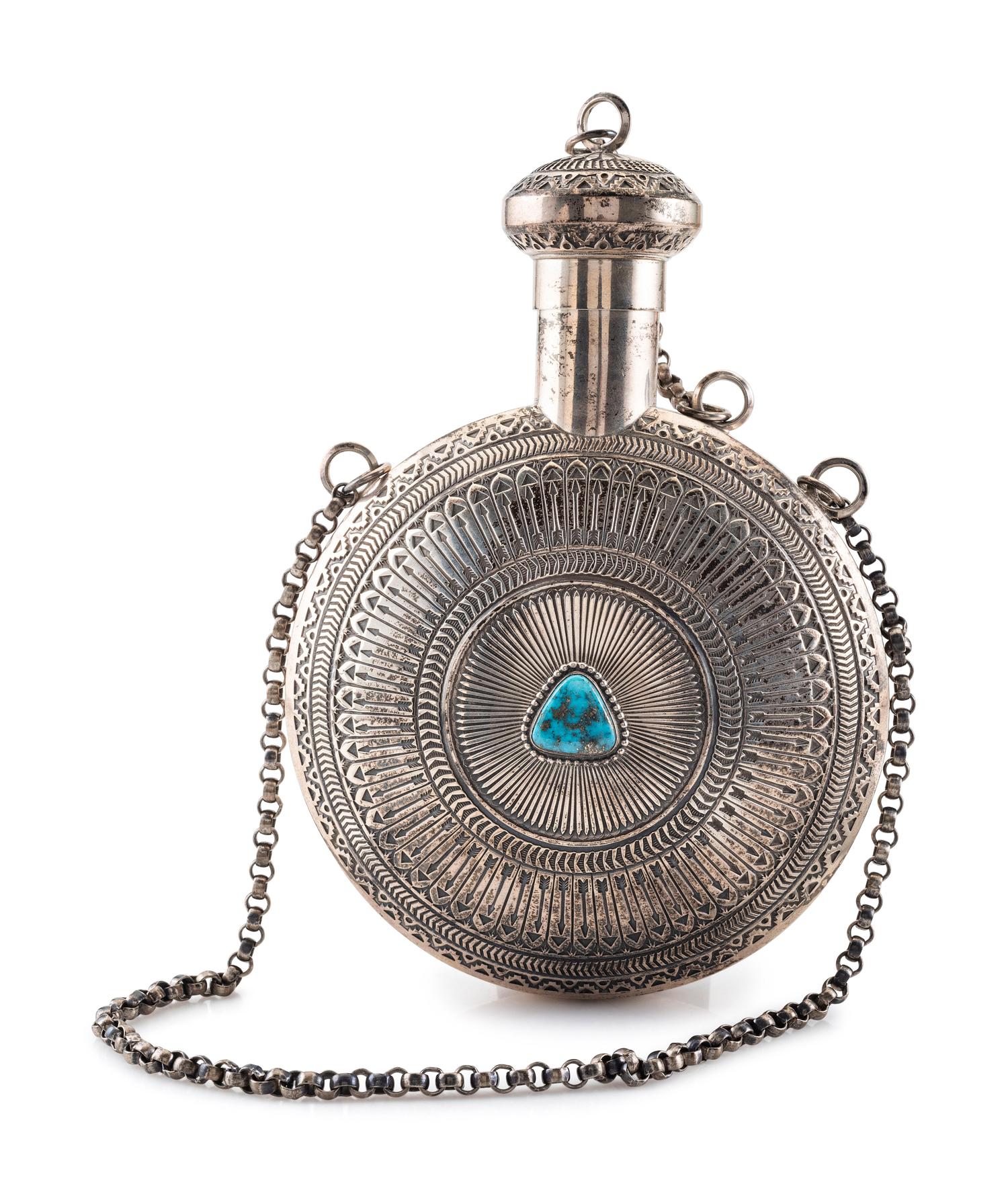Heavily Stamped Sterling Silver Canteen, with a Morenci Turquoise Cabochon