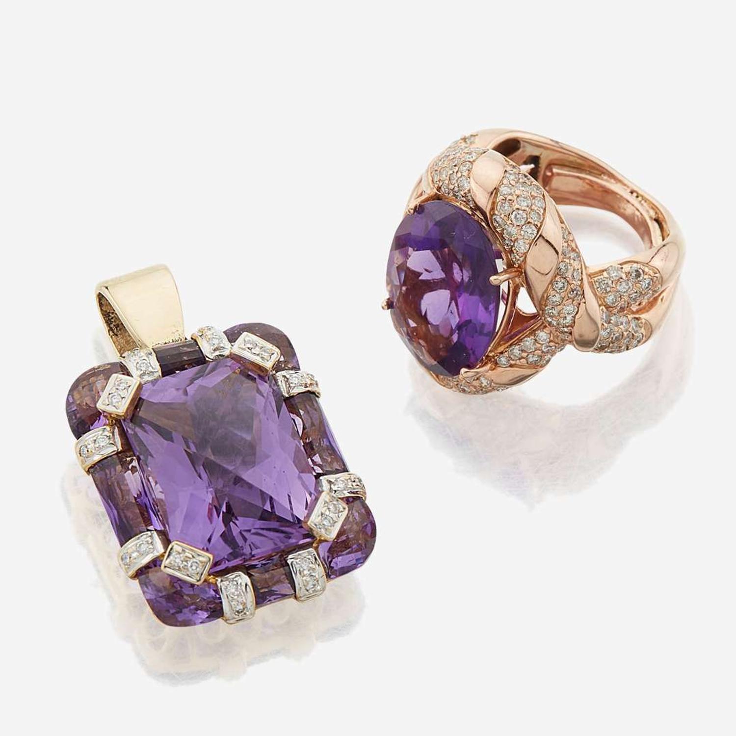 Two pieces of amethyst, diamond, and gold jewelry