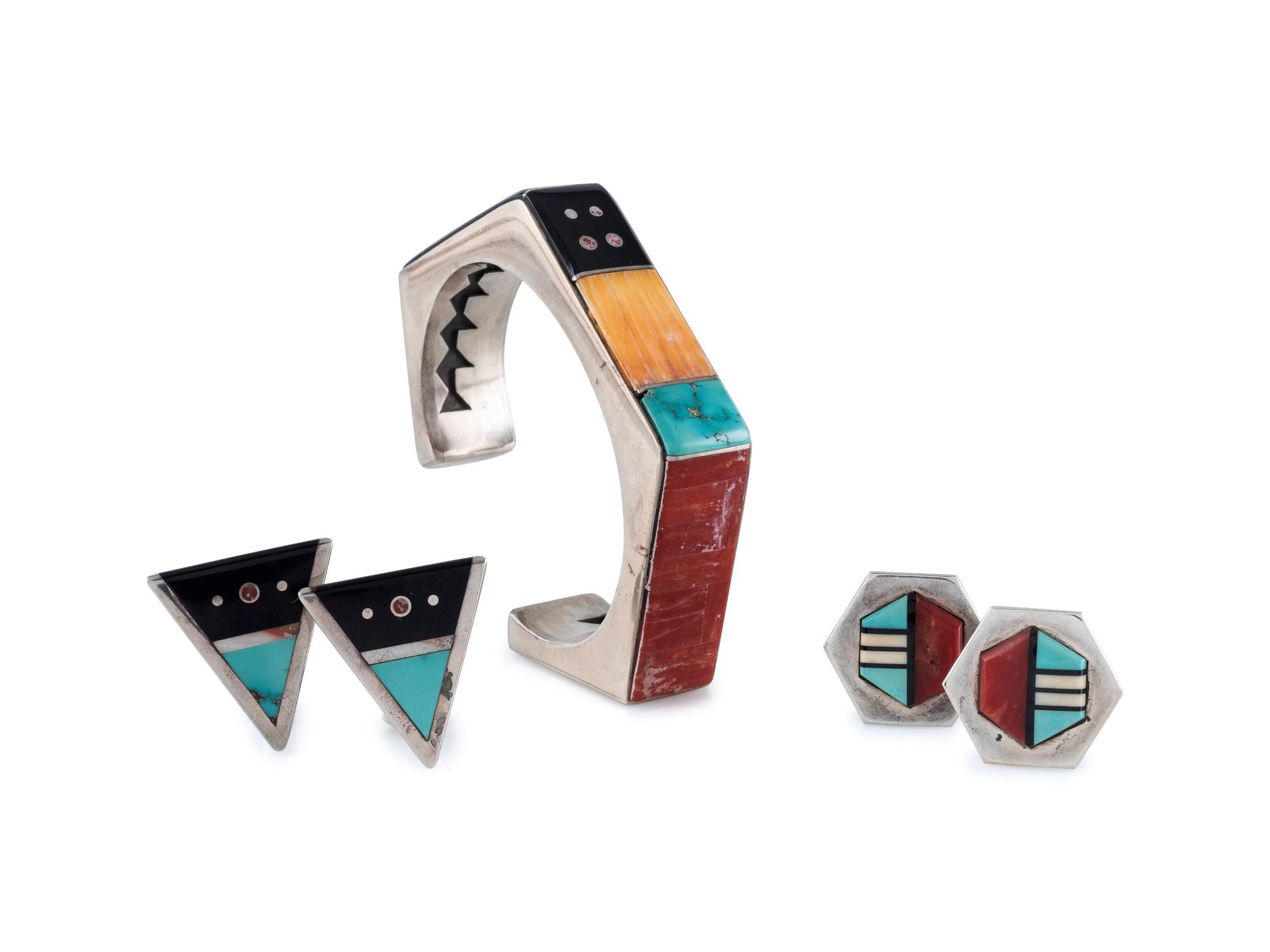 Silver and Mosaic Inlay Cuff Bracelet and Clip Earrings