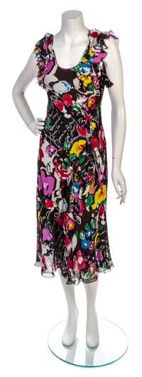 A Sonia Rykiel Multicolor Floral Sheer Silk Chiffon Dress, Size 36.