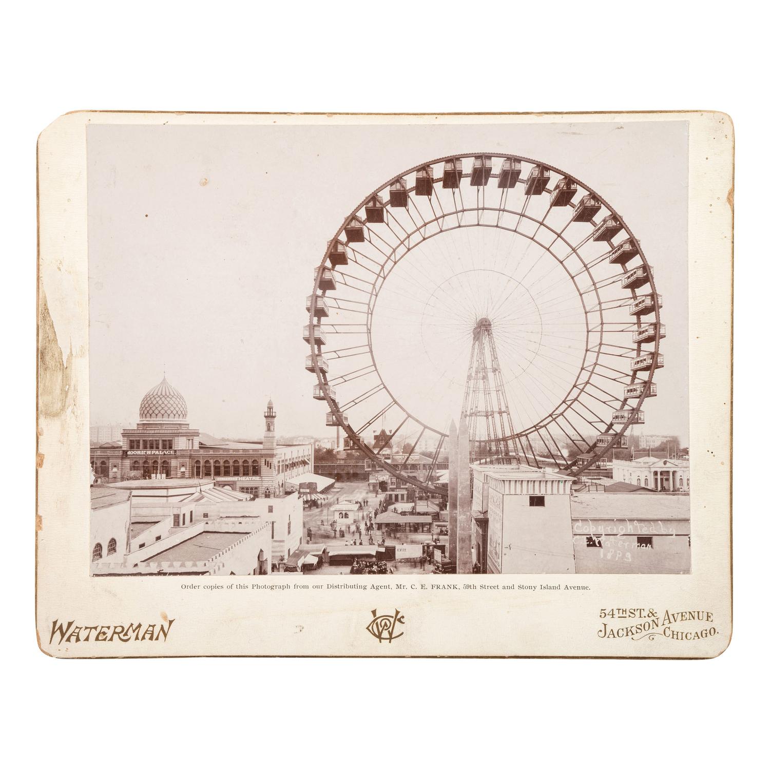 [WORLD'S COLUMBIAN EXPOSITION]. WATERMAN, C.E., photographer. Outdoor image of the original Ferris wheel. Chicago, 1893.