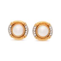 CULTURED MABE PEARL AND DIAMOND EARCLIPS