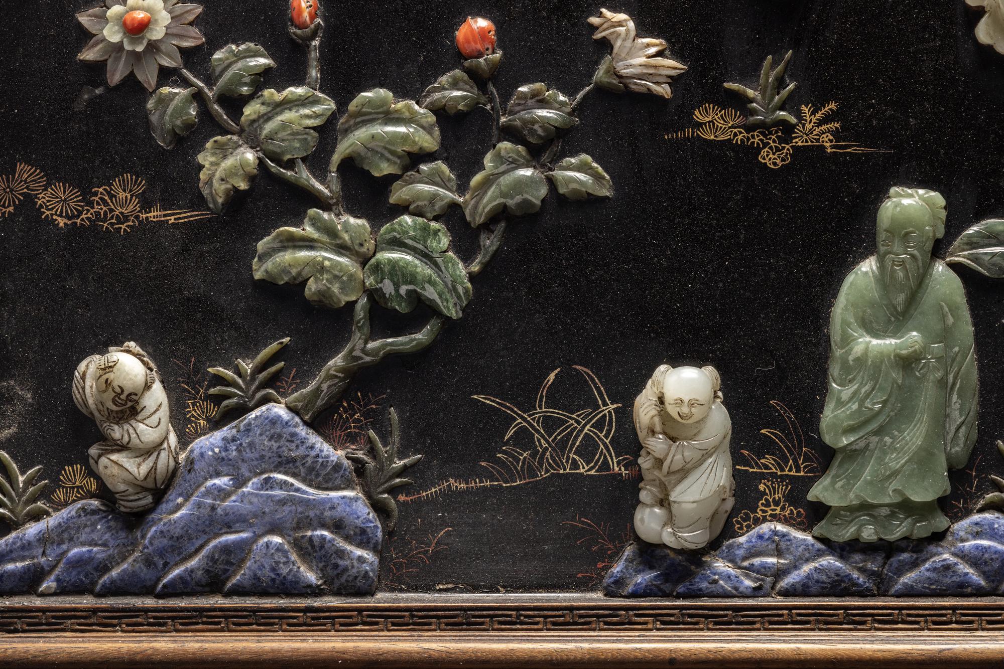 A Pair of Chinese Black Lacquered Hardstone Inset Rectangular Wall Panels