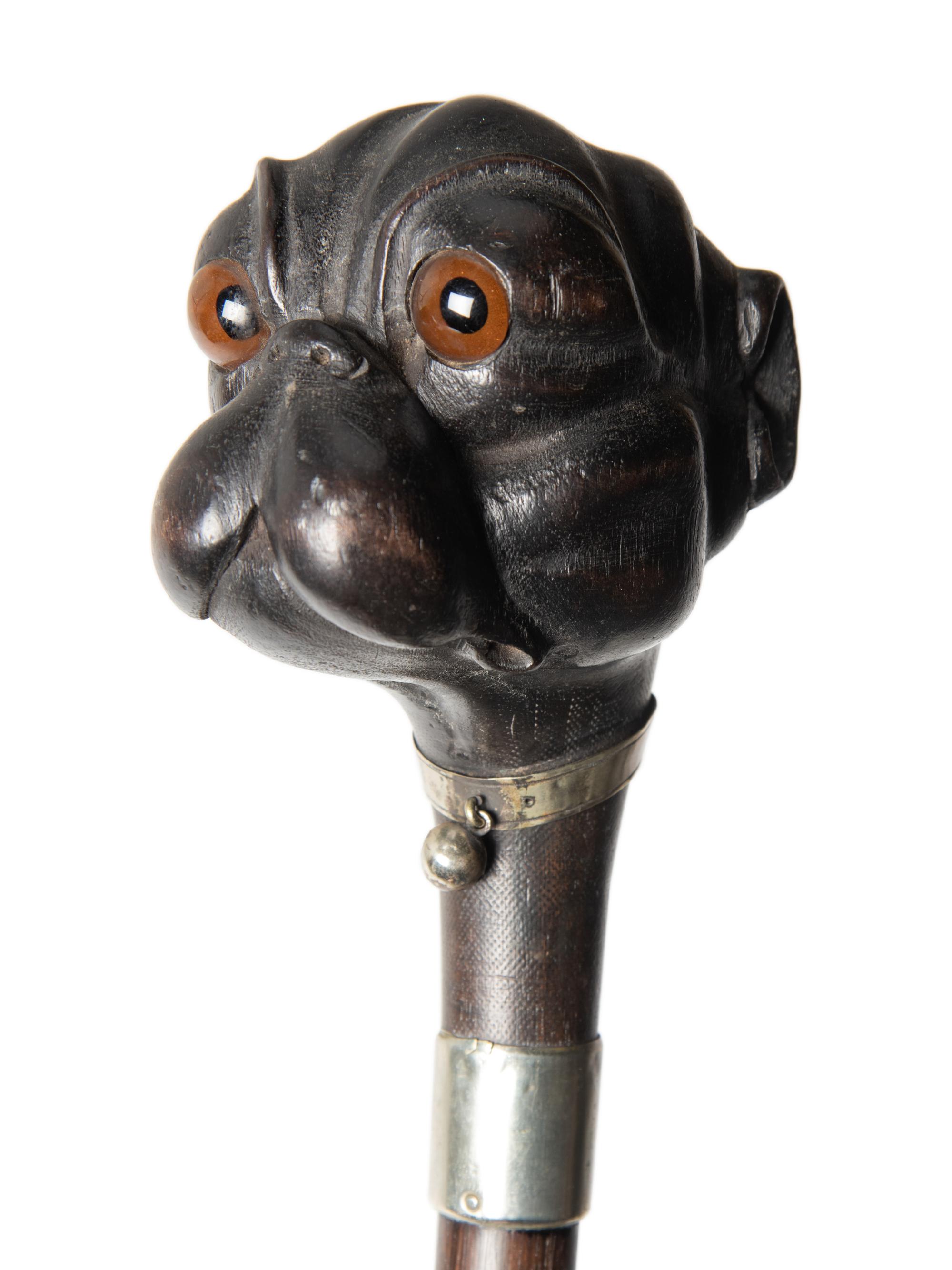 A French Glass-Inset Carved Wood Terrier-Head Walking Stick