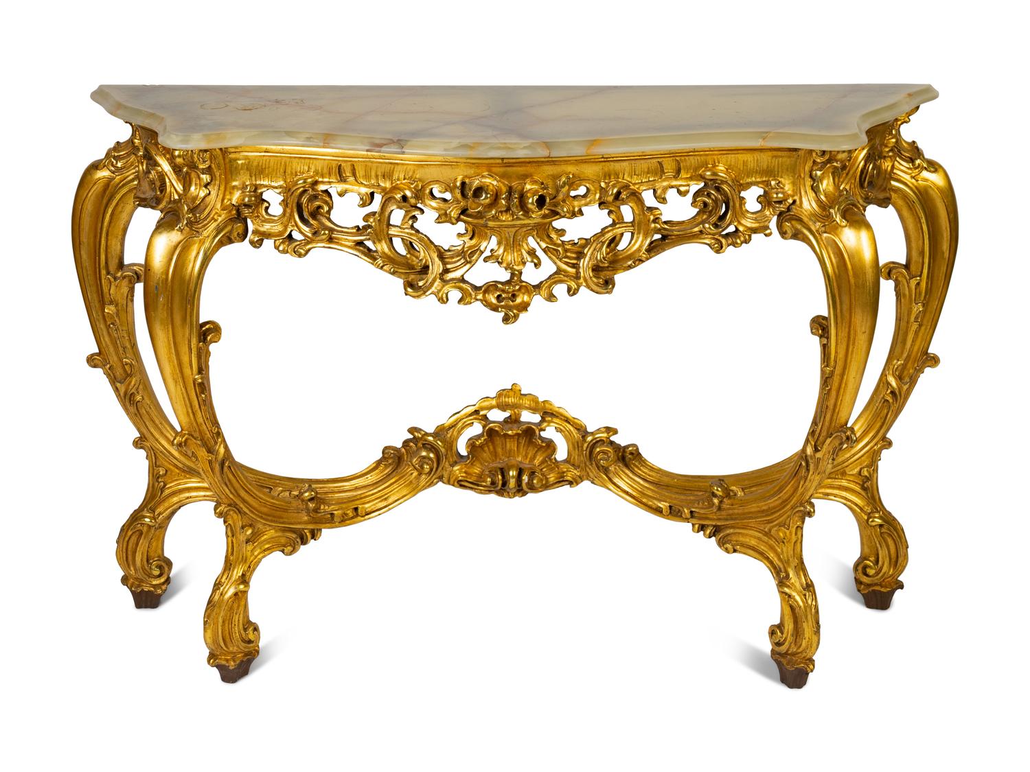 A Louis XV Style Giltwood Onyx-Top Console Table
